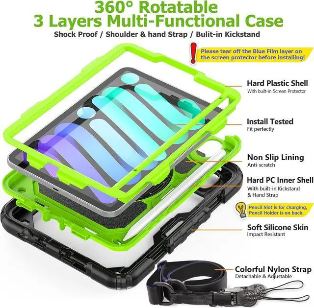 Alt view image 7 of 7 - BONAEVER Case for iPad Mini 7 (A17 Pro) 2024 / iPads Mini 6 8.3" Full-Body Shockproof Protective Case with Screen Protector, 360° Rotating Stand, Hand/Shoulder Strap for iPad Mini 7th/ 6th Generation