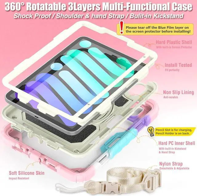 Alt view image 7 of 7 - BONAEVER Case for iPad Mini 7 (A17 Pro) 2024 / iPads Mini 6 8.3" Full-Body Shockproof Protective Case with Screen Protector, 360° Rotating Stand, Hand/Shoulder Strap for iPad Mini 7th/ 6th Generation