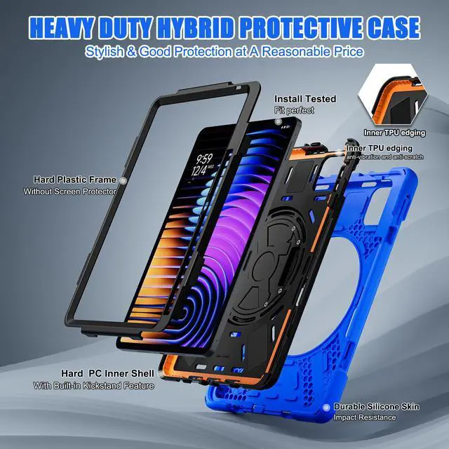 Alt view image 3 of 7 - BONAEVER Case for Xiaomi Mi Pad 7 / Mi Pad 7 Pro 11.2 inch Released 2024, Shockproof Cover with 360 Rotate Stand Hand Strap Shoulder Strap Pencil Holder Protective Cover Blue