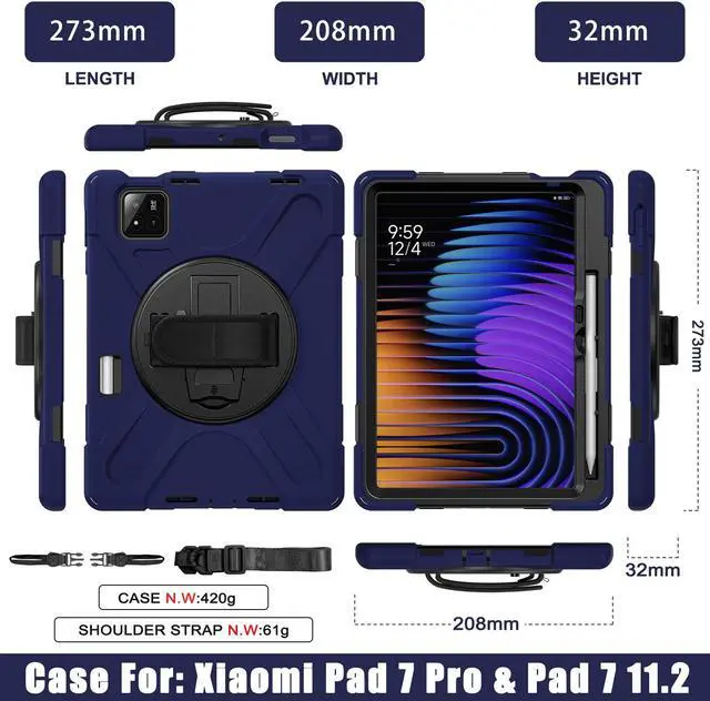 Alt view image 7 of 7 - BONAEVER Case for Xiaomi Mi Pad 7 / Mi Pad 7 Pro 11.2 inch Released 2024, Shockproof Cover with 360 Rotate Stand Hand Strap Shoulder Strap Pencil Holder Protective Cover Navy Blue