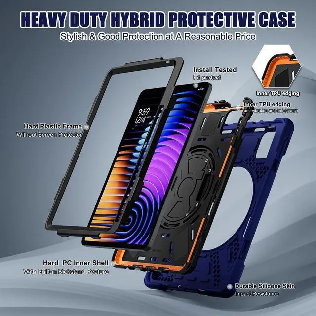 Alt view image 3 of 7 - BONAEVER Case for Xiaomi Mi Pad 7 / Mi Pad 7 Pro 11.2 inch Released 2024, Shockproof Cover with 360 Rotate Stand Hand Strap Shoulder Strap Pencil Holder Protective Cover Navy Blue