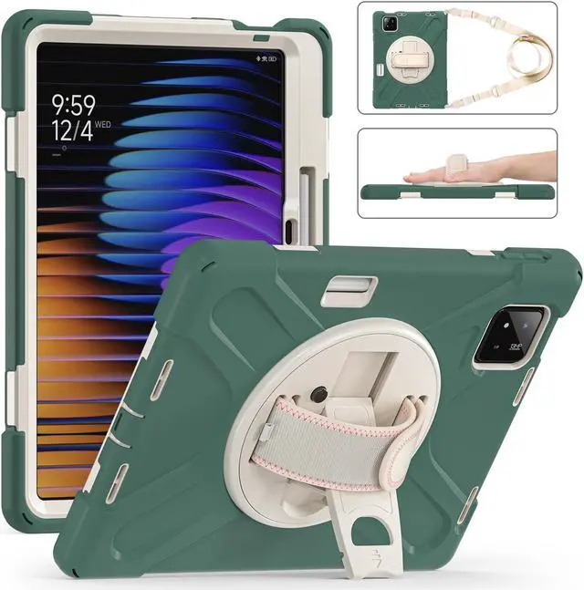 Main image of BONAEVER Case for Xiaomi Mi Pad 7 / Mi Pad 7 Pro 11.2 inch Released 2024, Shockproof Cover with 360 Rotate Stand Hand Strap Shoulder Strap Pencil Holder Protective Cover Dark Green