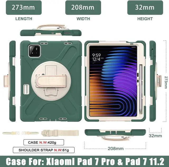Alt view image 7 of 7 - BONAEVER Case for Xiaomi Mi Pad 7 / Mi Pad 7 Pro 11.2 inch Released 2024, Shockproof Cover with 360 Rotate Stand Hand Strap Shoulder Strap Pencil Holder Protective Cover Dark Green
