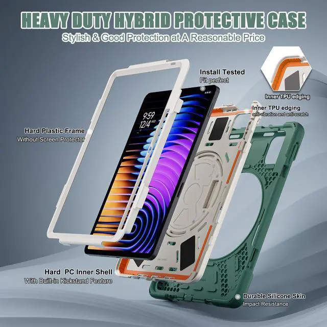 Alt view image 3 of 7 - BONAEVER Case for Xiaomi Mi Pad 7 / Mi Pad 7 Pro 11.2 inch Released 2024, Shockproof Cover with 360 Rotate Stand Hand Strap Shoulder Strap Pencil Holder Protective Cover Dark Green