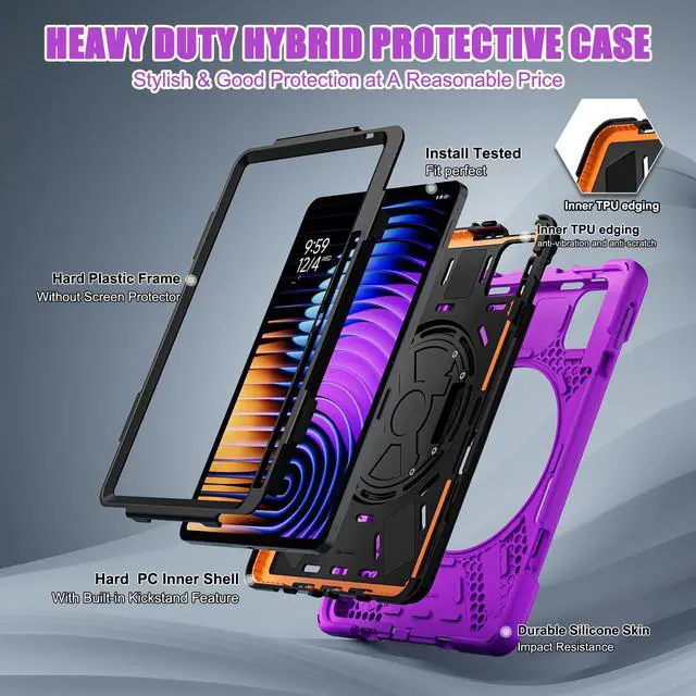 Alt view image 7 of 7 - BONAEVER Case for Xiaomi Mi Pad 7 / Mi Pad 7 Pro 11.2 inch Released 2024, Shockproof Cover with 360 Rotate Stand Hand Strap Shoulder Strap Pencil Holder Protective Cover Purple