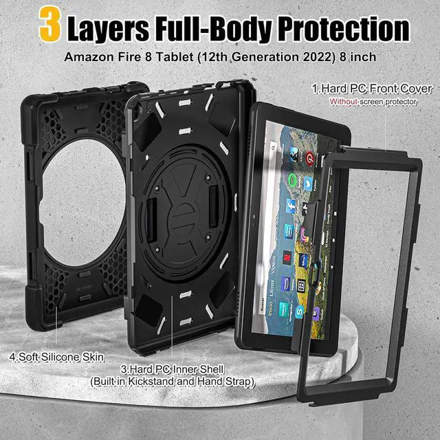 Alt view image 7 of 7 - BONAEVER for Amazon Fire HD 8 Tablet Case 12th Generation 2024/2022 8 inch Shockproof Protective Kindle Fire HD 8 Kids Case Cover with Rotating Hand Strap+Stand Pen Holder Shoulder Strap
