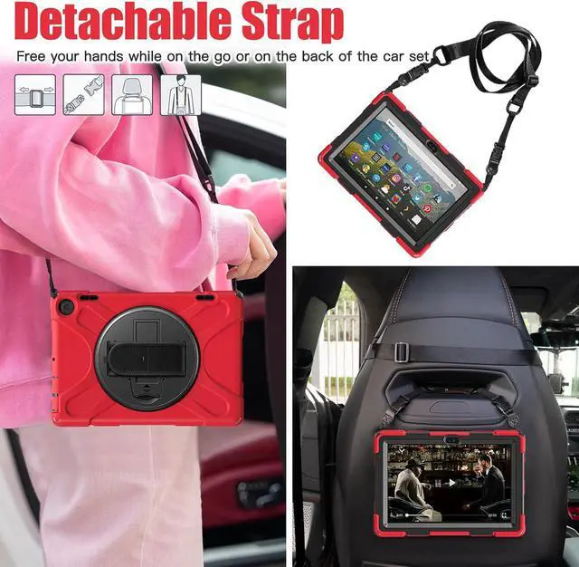 Alt view image 5 of 7 - BONAEVER for Amazon Fire HD 8 Tablet Case 12th Generation 2024/2022 8 inch Shockproof Protective Kindle Fire HD 8 Kids Case Cover with Rotating Hand Strap+Stand Pen Holder Shoulder Strap Red
