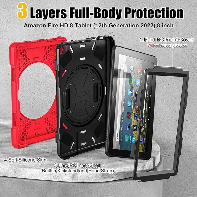 Alt view image 7 of 7 - BONAEVER for Amazon Fire HD 8 Tablet Case 12th Generation 2024/2022 8 inch Shockproof Protective Kindle Fire HD 8 Kids Case Cover with Rotating Hand Strap+Stand Pen Holder Shoulder Strap Red
