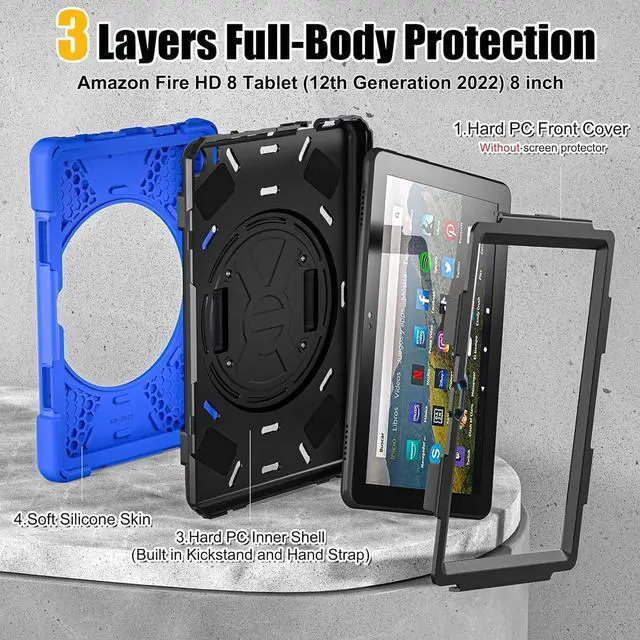 Alt view image 7 of 7 - BONAEVER for Amazon Fire HD 8 Tablet Case 12th Generation 2024/2022 8 inch Shockproof Protective Kindle Fire HD 8 Kids Case Cover with Rotating Hand Strap+Stand Pen Holder Shoulder Strap Blue