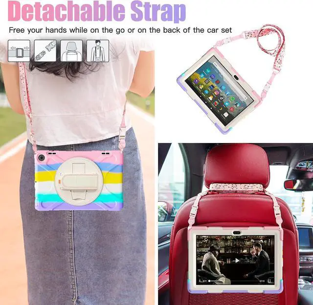 Alt view image 5 of 7 - BONAEVER for Amazon Fire HD 8 Tablet Case 12th Generation 2024/2022 8 inch Shockproof Protective Kindle Fire HD 8 Kids Case Cover with Rotating Hand Strap+Stand Pen Holder Shoulder Strap Pink