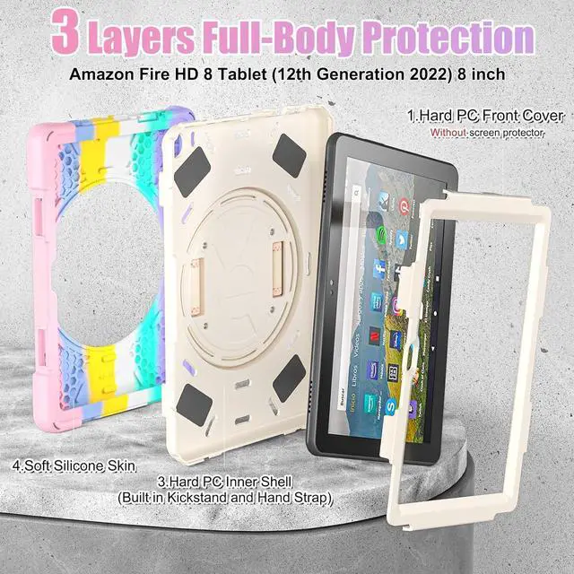 Alt view image 7 of 7 - BONAEVER for Amazon Fire HD 8 Tablet Case 12th Generation 2024/2022 8 inch Shockproof Protective Kindle Fire HD 8 Kids Case Cover with Rotating Hand Strap+Stand Pen Holder Shoulder Strap Pink