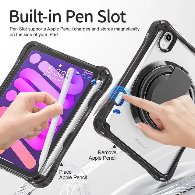 Alt view image 2 of 7 - BONAEVER Case for iPad Mini 7 A17 Pro / Mini 6, iPad Mini 6th/7th Gen 2021 2024 8.3 Inch Shockproof Rugged Protective Cover with 360 Rotating Stand Pencil Holder Hand/Shoulder Strap Transparent Back