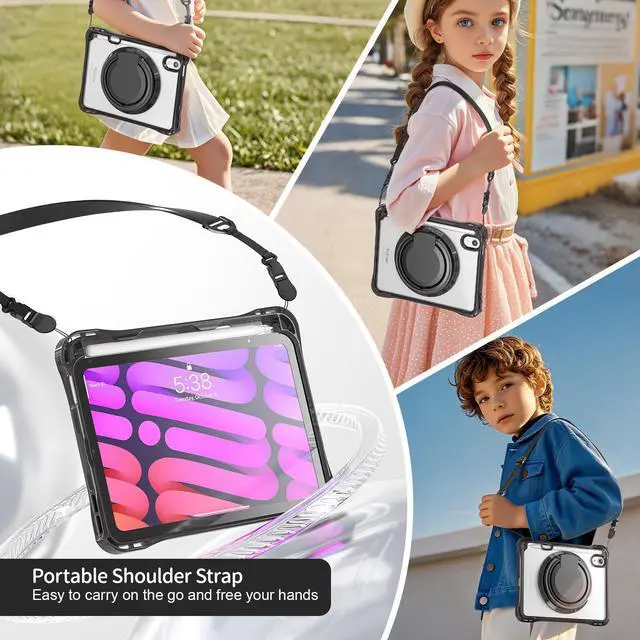 Alt view image 3 of 7 - BONAEVER Case for iPad Mini 7 A17 Pro / Mini 6, iPad Mini 6th/7th Gen 2021 2024 8.3 Inch Shockproof Rugged Protective Cover with 360 Rotating Stand Pencil Holder Hand/Shoulder Strap Transparent Back