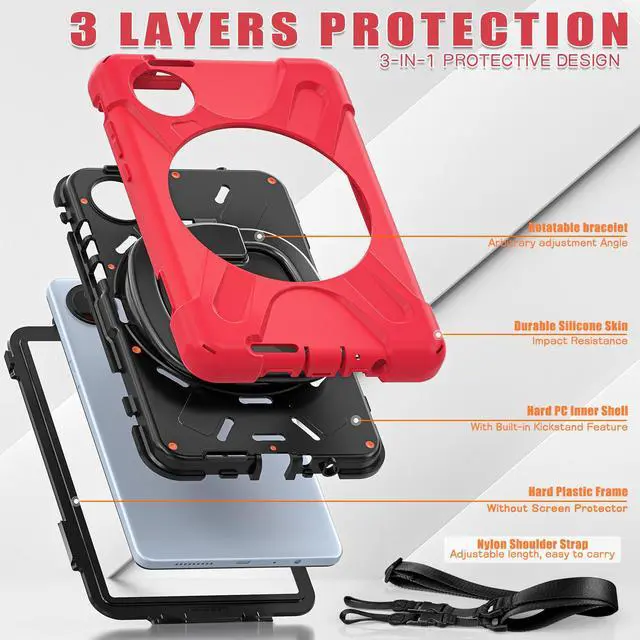Alt view image 7 of 7 - BONAEVER Case for Xiaomi Redmi Pad SE 8.7 inch 2024, Shockproof Cover with Pencil Holder, 360° Rotating Hand Strap & Stand & Shoulder Strap Red