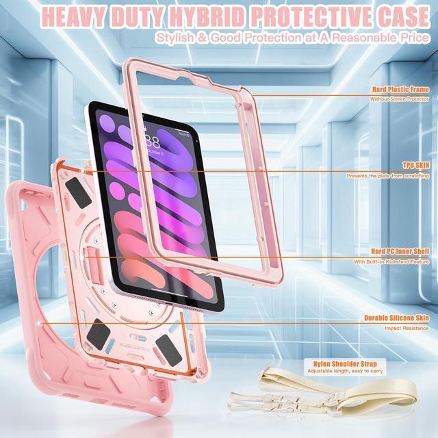 Alt view image 7 of 7 - BONAEVER Case for iPad Mini 7 2024 (A17 Pro) / Mini 6 Case 8.3 inch 2021 with Pencil Holder/360 Rotate Stand/Shoulder Strap, Shockproof Cover iPad Mini 7th/6th Generation Pink