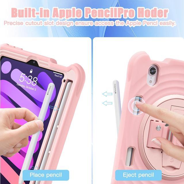 Alt view image 6 of 7 - BONAEVER Case for iPad Mini 7 2024 (A17 Pro) / Mini 6 Case 8.3 inch 2021 with Pencil Holder/360 Rotate Stand/Shoulder Strap, Shockproof Cover iPad Mini 7th/6th Generation Pink
