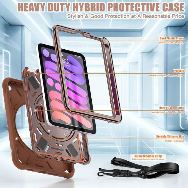 Alt view image 6 of 7 - BONAEVER Case for iPad Mini 7 2024 (A17 Pro) / Mini 6 Case 8.3 inch 2021 with Pencil Holder/360 Rotate Stand/Shoulder Strap, Shockproof Cover iPad Mini 7th/6th Generation Chocolate