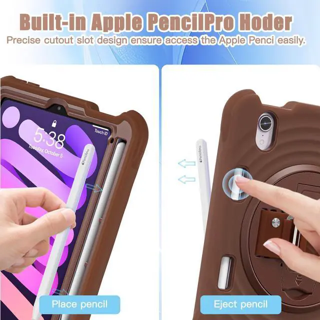 Alt view image 5 of 7 - BONAEVER Case for iPad Mini 7 2024 (A17 Pro) / Mini 6 Case 8.3 inch 2021 with Pencil Holder/360 Rotate Stand/Shoulder Strap, Shockproof Cover iPad Mini 7th/6th Generation Chocolate