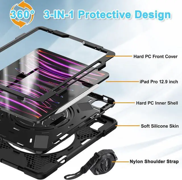 Alt view image 7 of 7 - BONAEVER For iPad Air 13 inch 2025 2024 M2, iPad Pro 12.9 inch 2022 2021 2020 2018 Shockproof Cover with Pen Holder Stand /Shoulder Strap For iPad Air 13" 2025 2024, iPad Pro 12.9 6th 5th 4th 3rd Gen