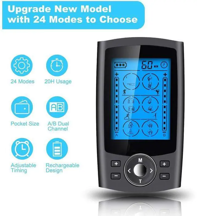 Alt view image 3 of 7 - Dual Channel TENS EMS Unit 24 Modes Muscle Stimulator for Pain Relief Therapy, Electronic Pulse Massager Muscle Massager with 10 Pads, Dust-Proof Drawstring Storage Bag, Fastening Cable Ties