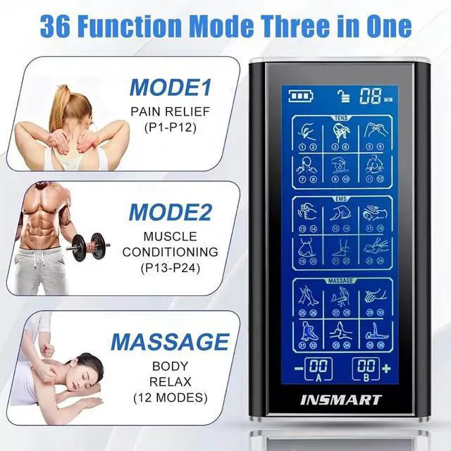 Alt view image 2 of 7 - 3-in-1 TENS Unit Rechargeable Muscle Stimulator EMS Dual Channel with 10 Reusable Electrode Pads 36 Modes for Back Neck Pain Muscle Therapy Pain Management Pulse Massager