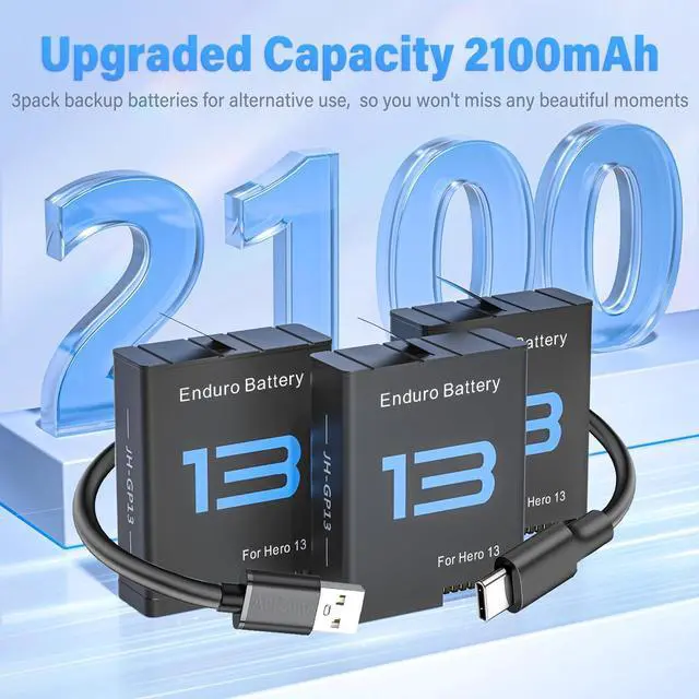 Alt view image 3 of 7 - BONAEVER For Gopro Hero 13 Battery 3-Pack 2100mAh and USB Storage 3-Channel Fast Charger Fully Compatible with Go Pro Hero 13 Black