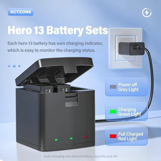Alt view image 2 of 7 - BONAEVER For Gopro Hero 13 Battery 3-Pack 2100mAh and USB Storage 3-Channel Fast Charger Fully Compatible with Go Pro Hero 13 Black