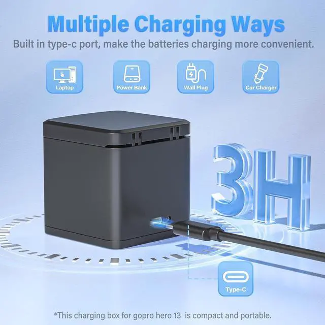 Alt view image 6 of 7 - BONAEVER For Gopro Hero 13 Battery 2-Pack 2100mAh and USB Storage 3-Channel Fast Charger Fully Compatible with Go Pro Hero 13 Black