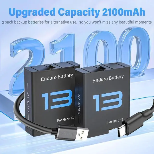 Alt view image 3 of 7 - BONAEVER For Gopro Hero 13 Battery 2-Pack 2100mAh and USB Storage 3-Channel Fast Charger Fully Compatible with Go Pro Hero 13 Black