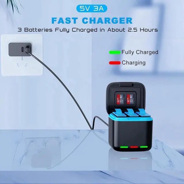 Alt view image 3 of 6 - BONAEVER for Hero 13 Battery Charger Kit with 2 Packs 2200mAh Replacement Batteries for Hero 13, 3-Channel Charger for Here 13 Black Action Camera Battery