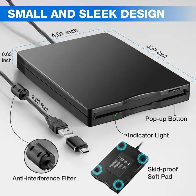 Alt view image 6 of 7 - BONAEVER Floppy Disk Reader, 3.5 inch External USB Type C Floppy Disk Drive for PC, Laptop and Desktop Compatible with Windows 11/10/8/7/2000/XP, Black, Frosted Texture