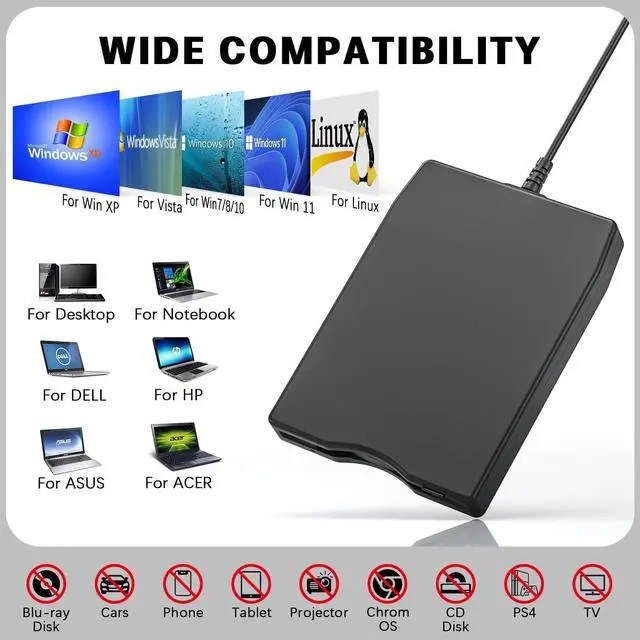 Alt view image 3 of 7 - BONAEVER USB Floppy Disk Drive, Floppy Disk Reader 3.5 inch Portable USB External 1.44MB FDD Diskette Drive for Windows 11/10/8/7/2000/XP/Vista PC Laptop, Plug and Play (Black)