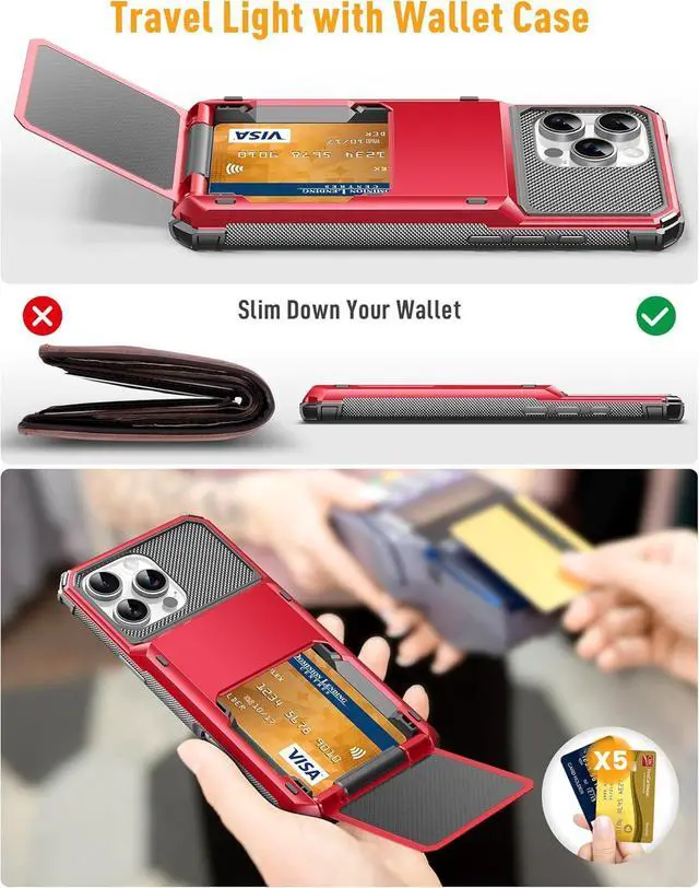 Alt view image 4 of 7 - BONAEVER Compatible with iPhone 16 Pro Max Case with Card Holder [Store 5 Cards] Heavy Duty Dual Layer Shockproof Wallet Case with Hidden Card Slot Large Storage Cover for Men & Women 6.9 inch Red