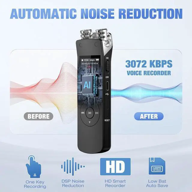 Alt view image 2 of 7 - BONAEVER 128GB Voice Recorder, Digital Voice Activated Recorder with Playback, 3072kbps Audio Recorder Dictaphone for Meetings Interviews, HD Recording, Variable Speed, A-B Repeat, Large Screen