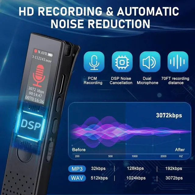 Alt view image 2 of 7 - BONAEVER 64GB Digital Voice Recorder - Bluetooth Playback, 3072KBPS Voice Activation, Password Protection - Ideal for Lectures, Meetings, Interviews.