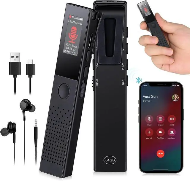 Main image of BONAEVER 64GB Digital Voice Recorder - Bluetooth Playback, 3072KBPS Voice Activation, Password Protection - Ideal for Lectures, Meetings, Interviews.