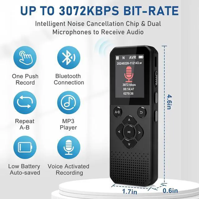 Alt view image 5 of 6 - BONAEVER Voice Recorder, 64GB Digital Voice Recorder, Voice Activated Recorder with Playback, Tape Recorder Up to 3072kbps Bit Rate, Audio Recorder for Interview Meetings Lecture