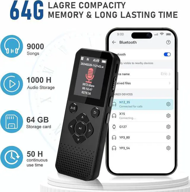 Alt view image 3 of 6 - BONAEVER Voice Recorder, 64GB Digital Voice Recorder, Voice Activated Recorder with Playback, Tape Recorder Up to 3072kbps Bit Rate, Audio Recorder for Interview Meetings Lecture