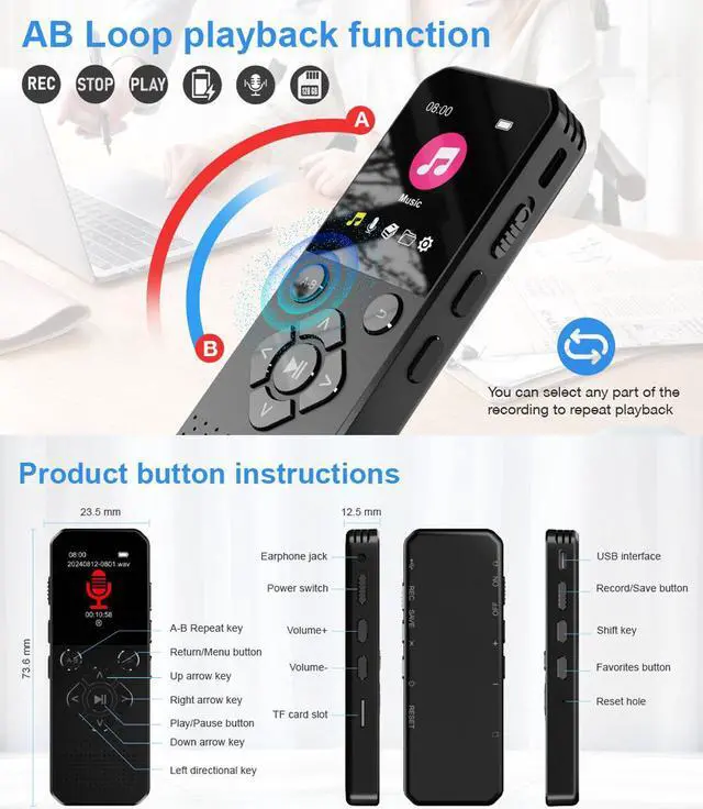 Alt view image 6 of 7 - BONAEVER 128GB Digital Voice Recorder with Playback Bluetooth Speaker Audio Recorder for Lectures Meetings Interviews Voice Audio Recorder MP3 Player with Bluetooth