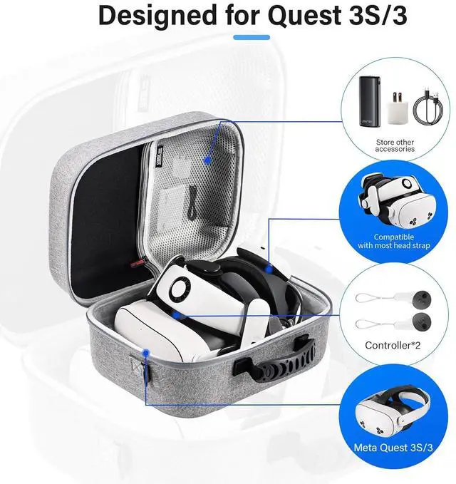 Alt view image 5 of 7 - BONAEVER Large Carrying Case for Meta Quest 3S / Quest 3, Hard Travel Case Compatible with BOBOVR S3 Pro/KIWI Design Battery Head Strap, Quest Controller and Accessory, Portable Travel Bag, Grey