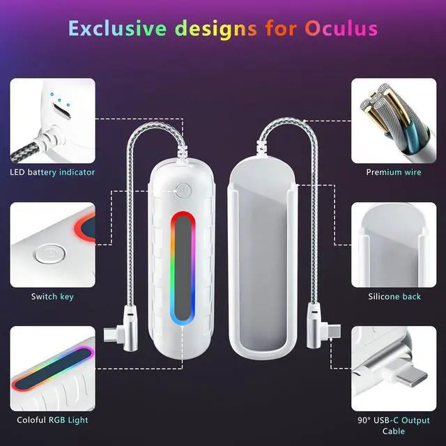 Alt view image 7 of 7 - BONAEVER Battery Pack for Meta Quest 2 / Quest 3 / Quest 3s, 5000mAh Extended Power with Multi-Colors RGB Lights, Lightweight and Portable VR Extend Power Accessories for Extra 2-4H Playtime