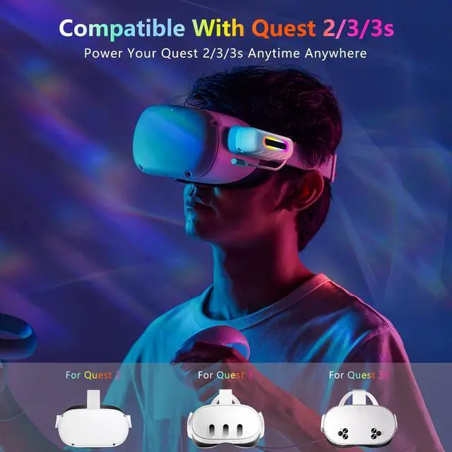 Alt view image 3 of 7 - BONAEVER Battery Pack for Meta Quest 2 / Quest 3 / Quest 3s, 5000mAh Extended Power with Multi-Colors RGB Lights, Lightweight and Portable VR Extend Power Accessories for Extra 2-4H Playtime