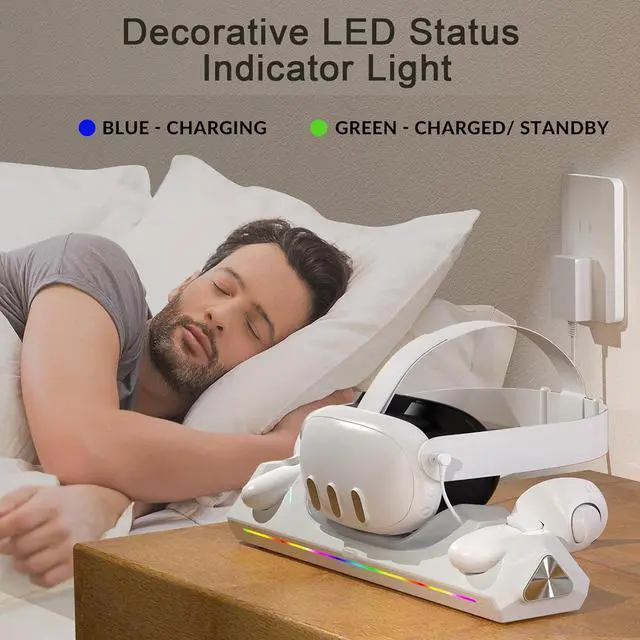 Alt view image 3 of 7 - BONAEVER Charging Dock for Oculus Quest 3S / Quest 3, Magnetic Charging Station for Meta Quest 3S VR Headset & Controllers with 2 Rechargeable 2100mAh Batteries, USB-C Charger and Cable, LED Indicator