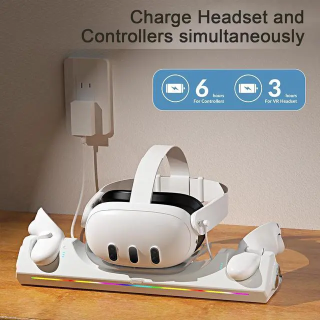 Alt view image 2 of 7 - BONAEVER Charging Dock for Oculus Quest 3S / Quest 3, Magnetic Charging Station for Meta Quest 3S VR Headset & Controllers with 2 Rechargeable 2100mAh Batteries, USB-C Charger and Cable, LED Indicator