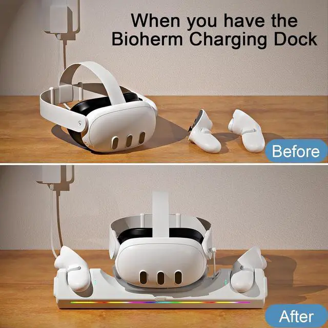 Alt view image 7 of 7 - BONAEVER Charging Dock for Oculus Quest 3S / Quest 3, Magnetic Charging Station for Meta Quest 3S VR Headset & Controllers with 2 Rechargeable 2100mAh Batteries, USB-C Charger and Cable, LED Indicator