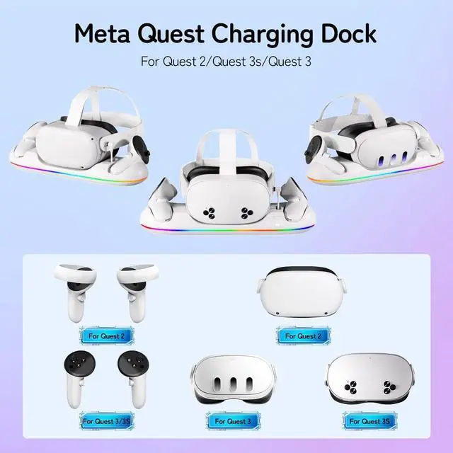 Alt view image 5 of 7 - BONAEVER Charging Dock for Oculus Meta Quest 3s / 3 / 2 with RGB Light, Magnetic Charger Station for Headset & Controllers - VR Accessories Stand with 2 Rechargeable Battery & 20W UL AC Adapter