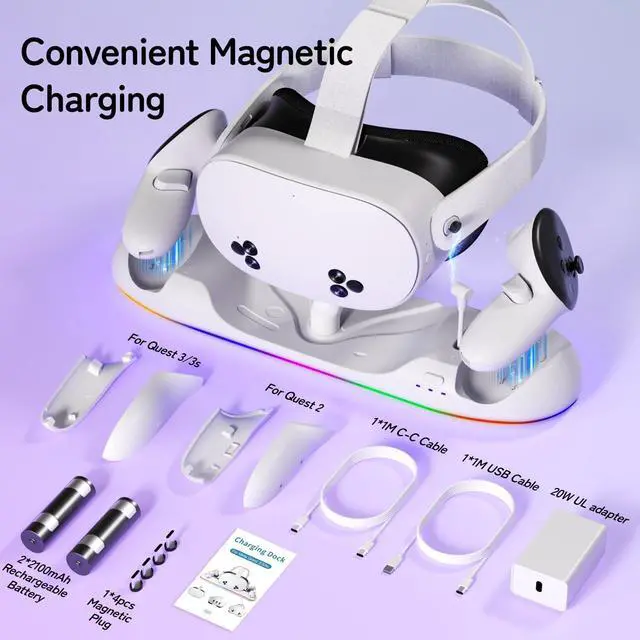 Alt view image 7 of 7 - BONAEVER Charging Dock for Oculus Meta Quest 3s / 3 / 2 with RGB Light, Magnetic Charger Station for Headset & Controllers - VR Accessories Stand with 2 Rechargeable Battery & 20W UL AC Adapter