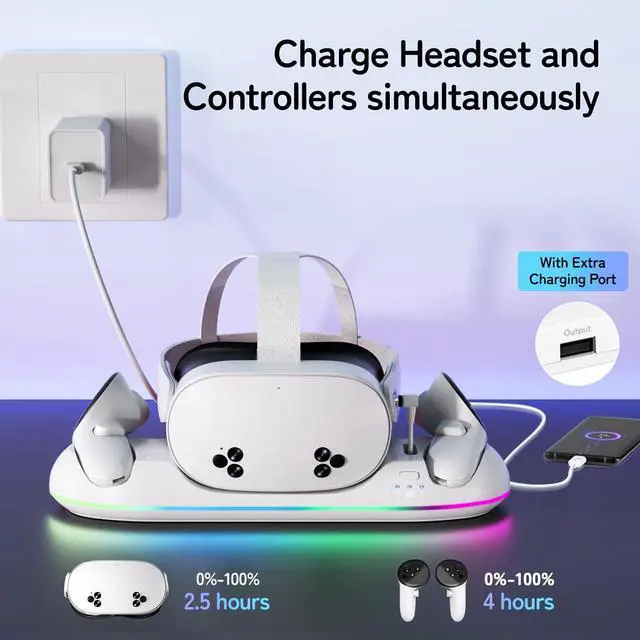 Alt view image 2 of 7 - BONAEVER Charging Dock for Oculus Meta Quest 3s / 3 / 2 with RGB Light, Magnetic Charger Station for Headset & Controllers - VR Accessories Stand with 2 Rechargeable Battery & 20W UL AC Adapter