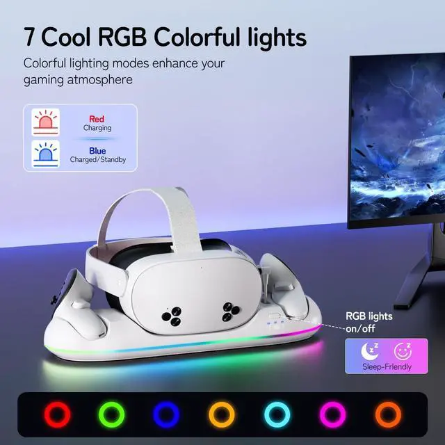 Alt view image 3 of 7 - BONAEVER Charging Dock for Oculus Meta Quest 3s / 3 / 2 with RGB Light, Magnetic Charger Station for Headset & Controllers - VR Accessories Stand with 2 Rechargeable Battery & 20W UL AC Adapter