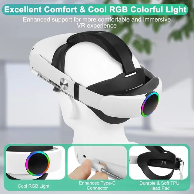 Alt view image 5 of 7 - BONAEVER Hurra Head Strap with Battery for Oculus Quest 2, 10000mAh Fast Charging Battery Pack Extend 8H Playtime, RGB Light Adjustable Elite Strap for Meta Quest 2